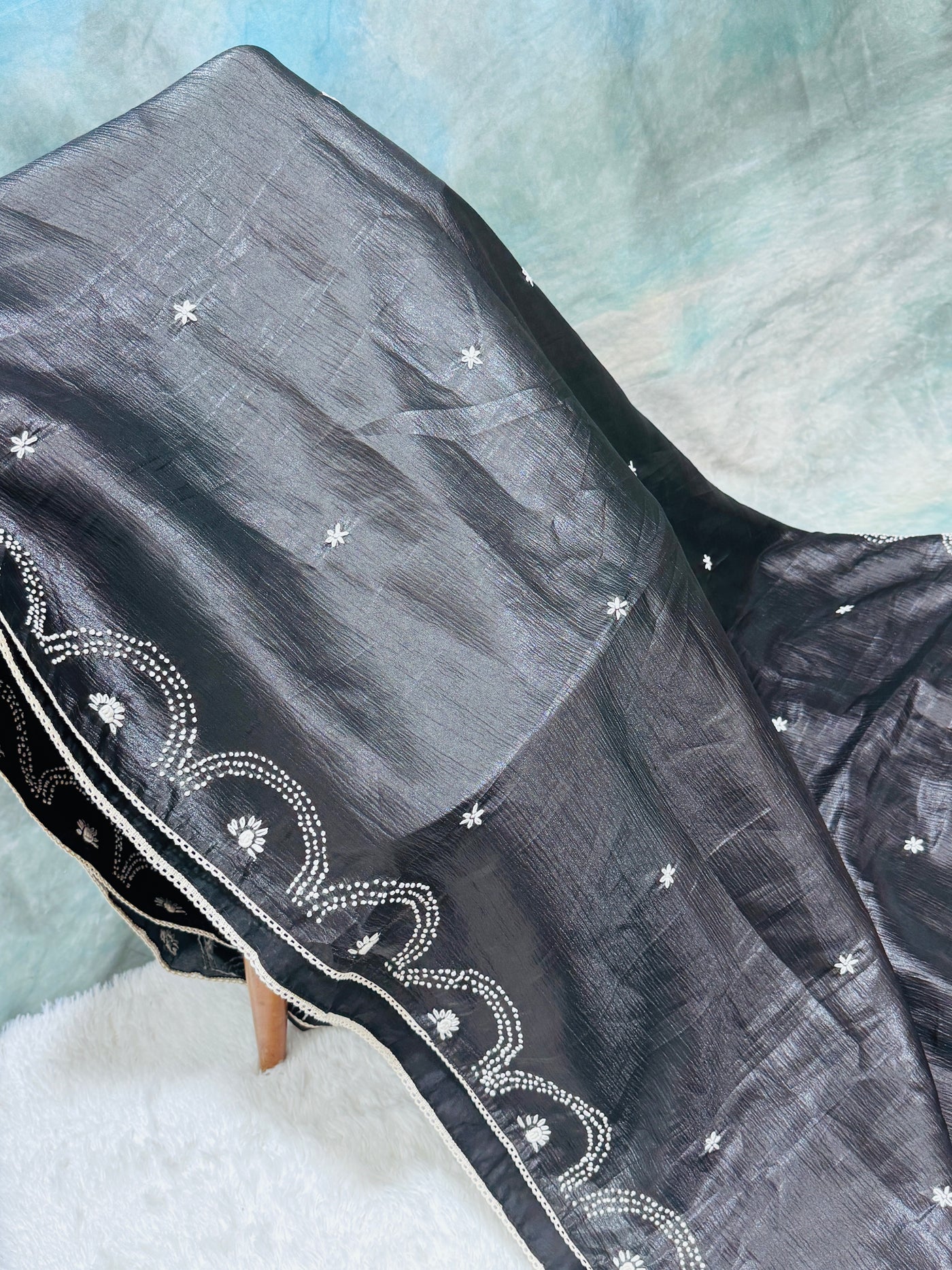 Black Fancy Crushed Saree with Scalloped Embroidered Border & Floral Blouse