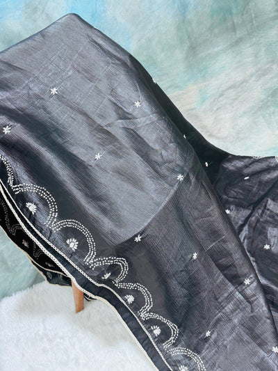 Black Fancy Crushed Saree with Scalloped Embroidered Border & Floral Blouse