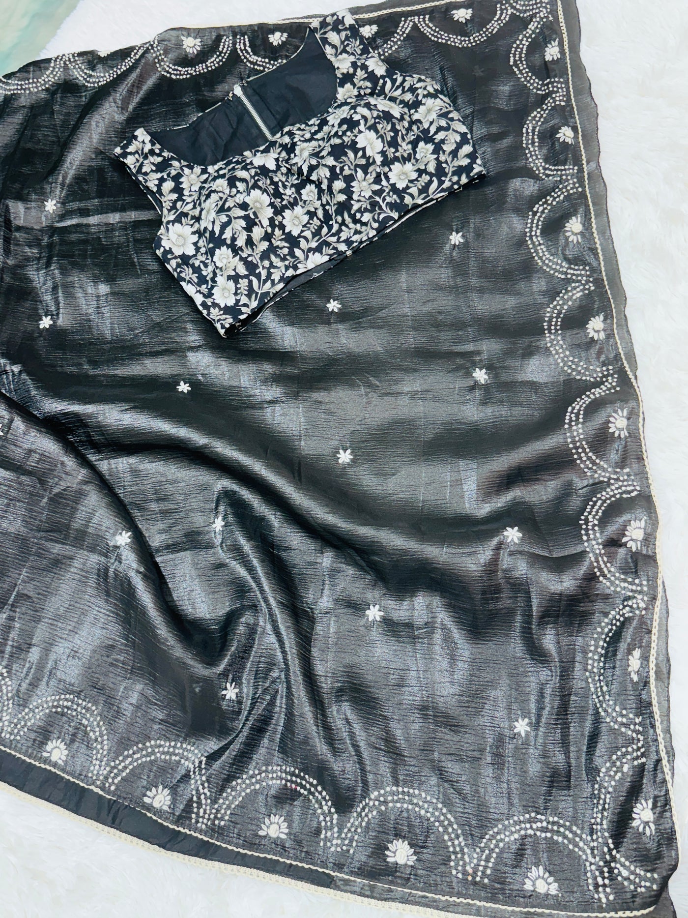 Black Fancy Crushed Saree with Scalloped Embroidered Border & Floral Blouse