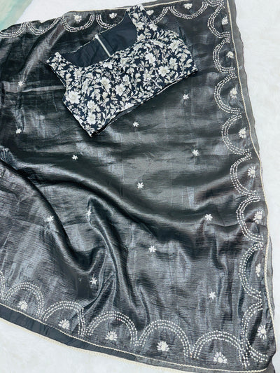 Black Fancy Crushed Saree with Scalloped Embroidered Border & Floral Blouse