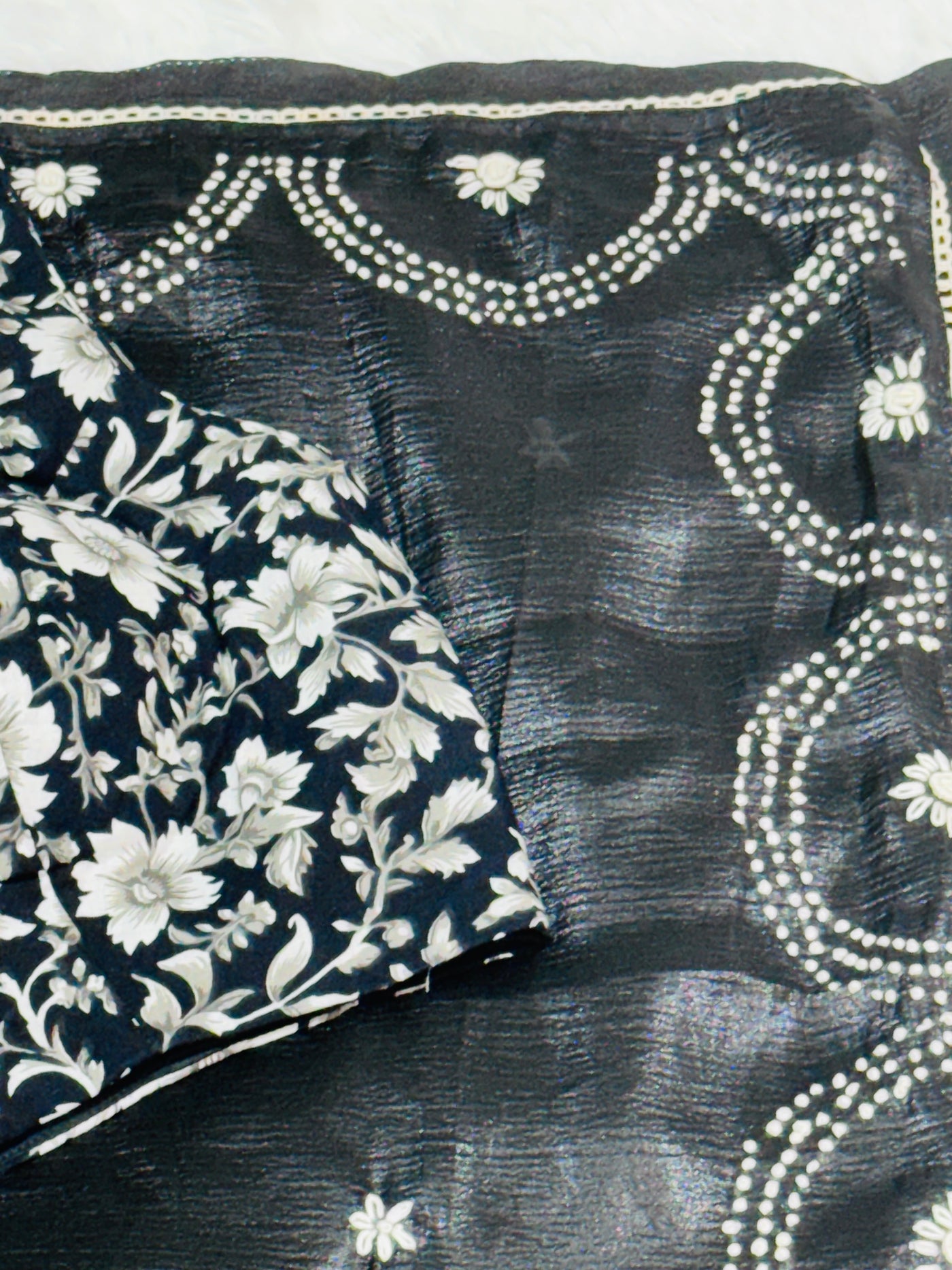 Black Fancy Crushed Saree with Scalloped Embroidered Border & Floral Blouse