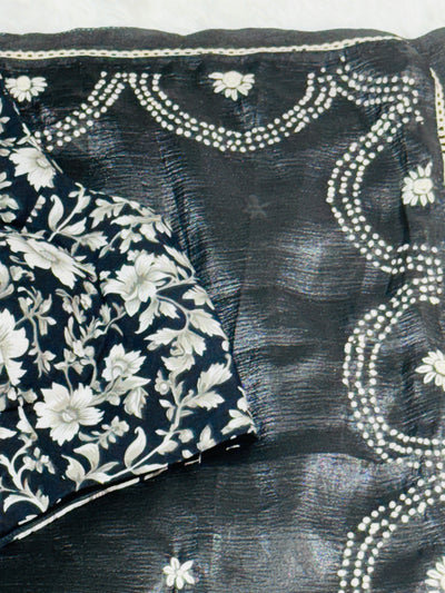 Black Fancy Crushed Saree with Scalloped Embroidered Border & Floral Blouse