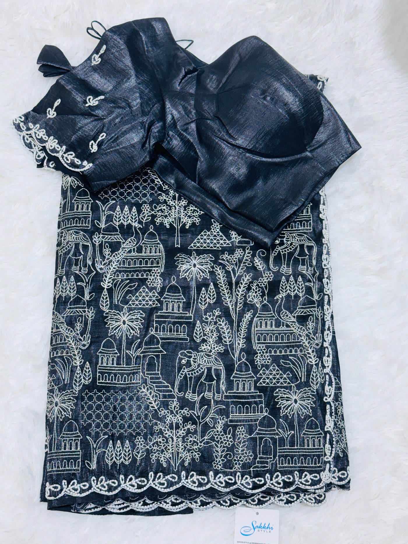 Black Fancy Saree with Intricate White Embroidery & Scallop Border