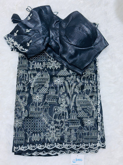Black Fancy Saree with Intricate White Embroidery & Scallop Border