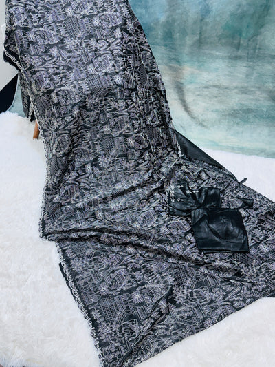 Black Fancy Saree with Intricate White Embroidery & Scallop Border