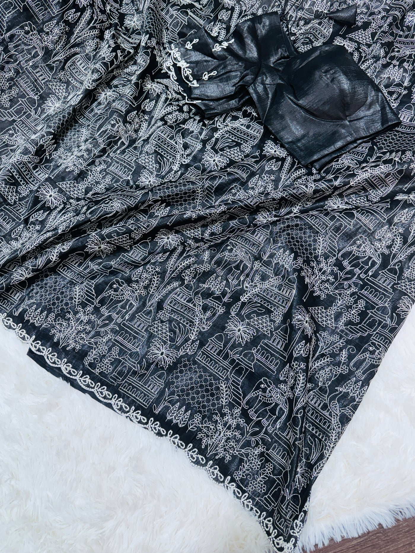 Black Fancy Saree with Intricate White Embroidery & Scallop Border