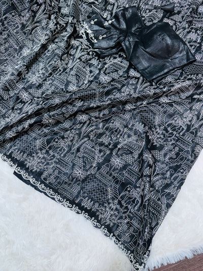 Black Fancy Saree with Intricate White Embroidery & Scallop Border