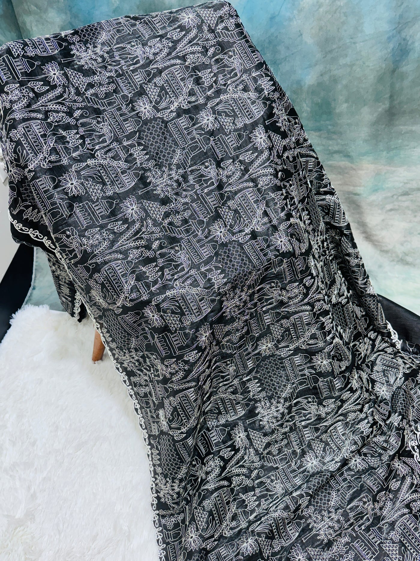 Black Fancy Saree with Intricate White Embroidery & Scallop Border