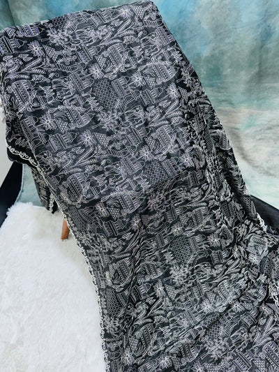 Black Fancy Saree with Intricate White Embroidery & Scallop Border