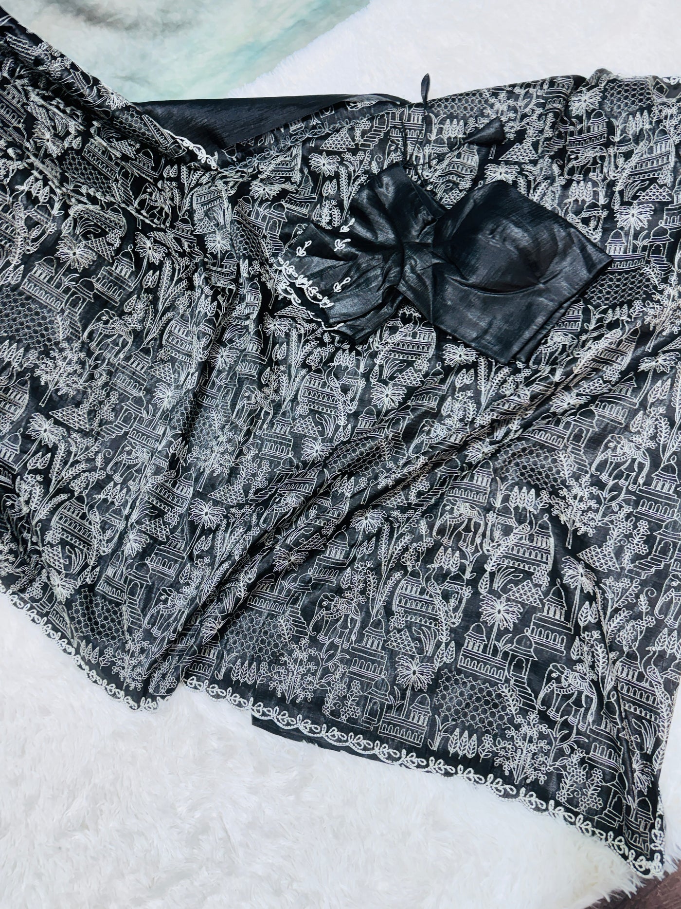 Black Fancy Saree with Intricate White Embroidery & Scallop Border
