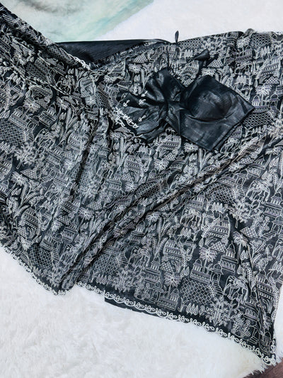 Black Fancy Saree with Intricate White Embroidery & Scallop Border