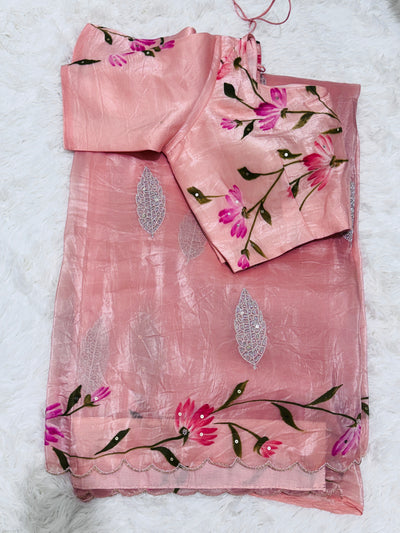 Peach Crushed Fancy Saree with Floral Design, Scallop Border