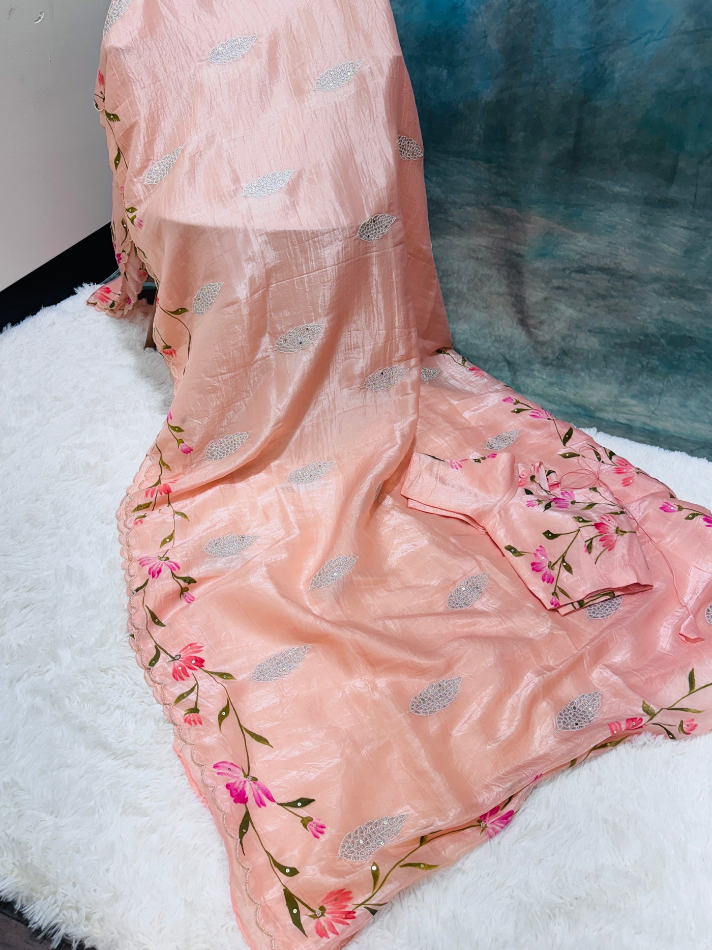 Peach Crushed Fancy Saree with Floral Design, Scallop Border