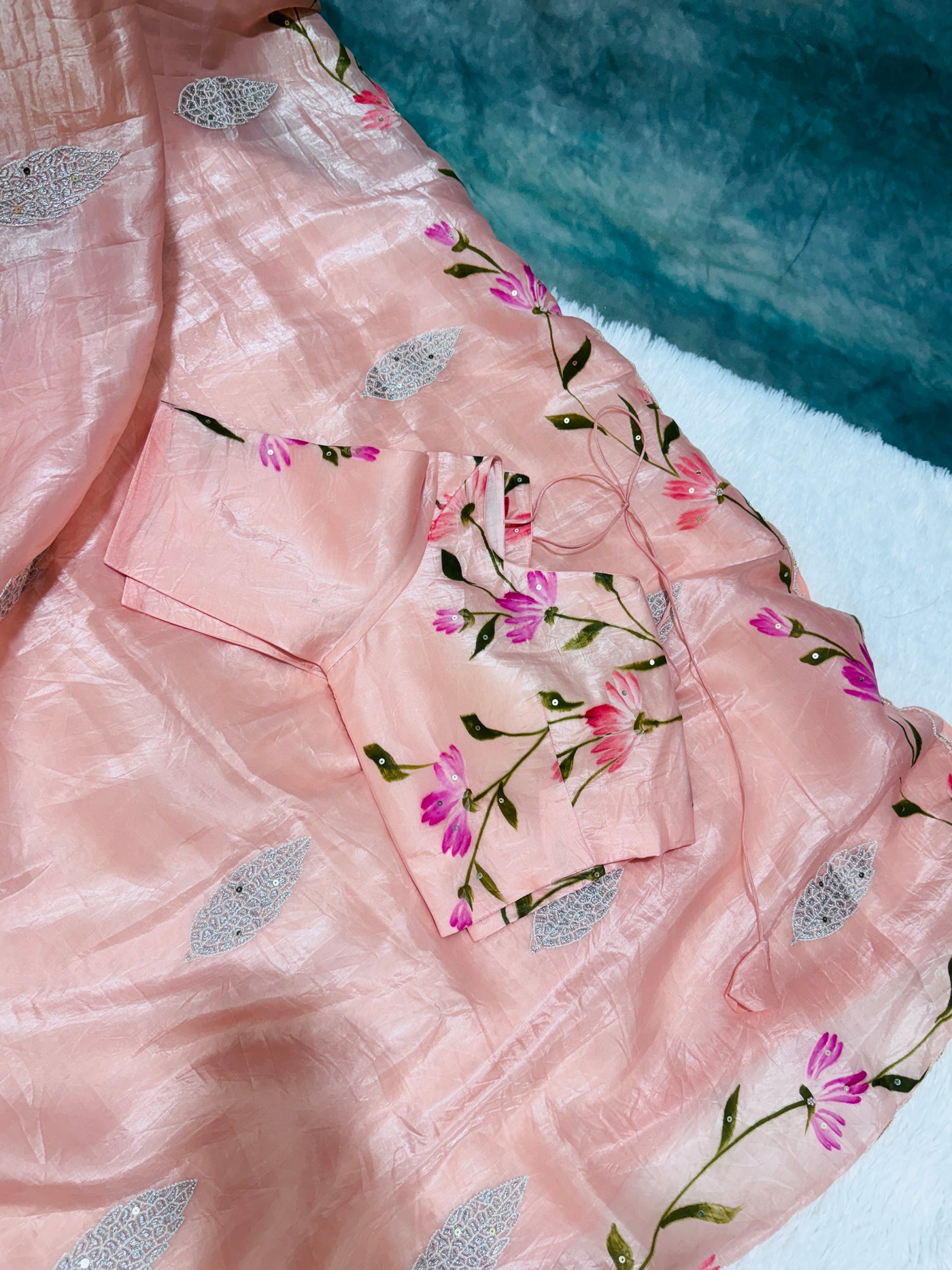 Peach Crushed Fancy Saree with Floral Design, Scallop Border