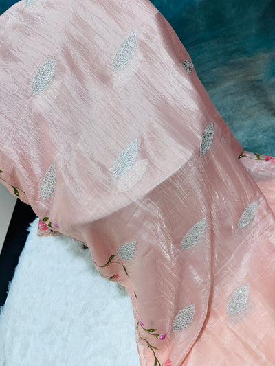 Peach Crushed Fancy Saree with Floral Design, Scallop Border