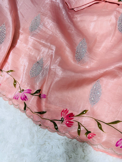Peach Crushed Fancy Saree with Floral Design, Scallop Border