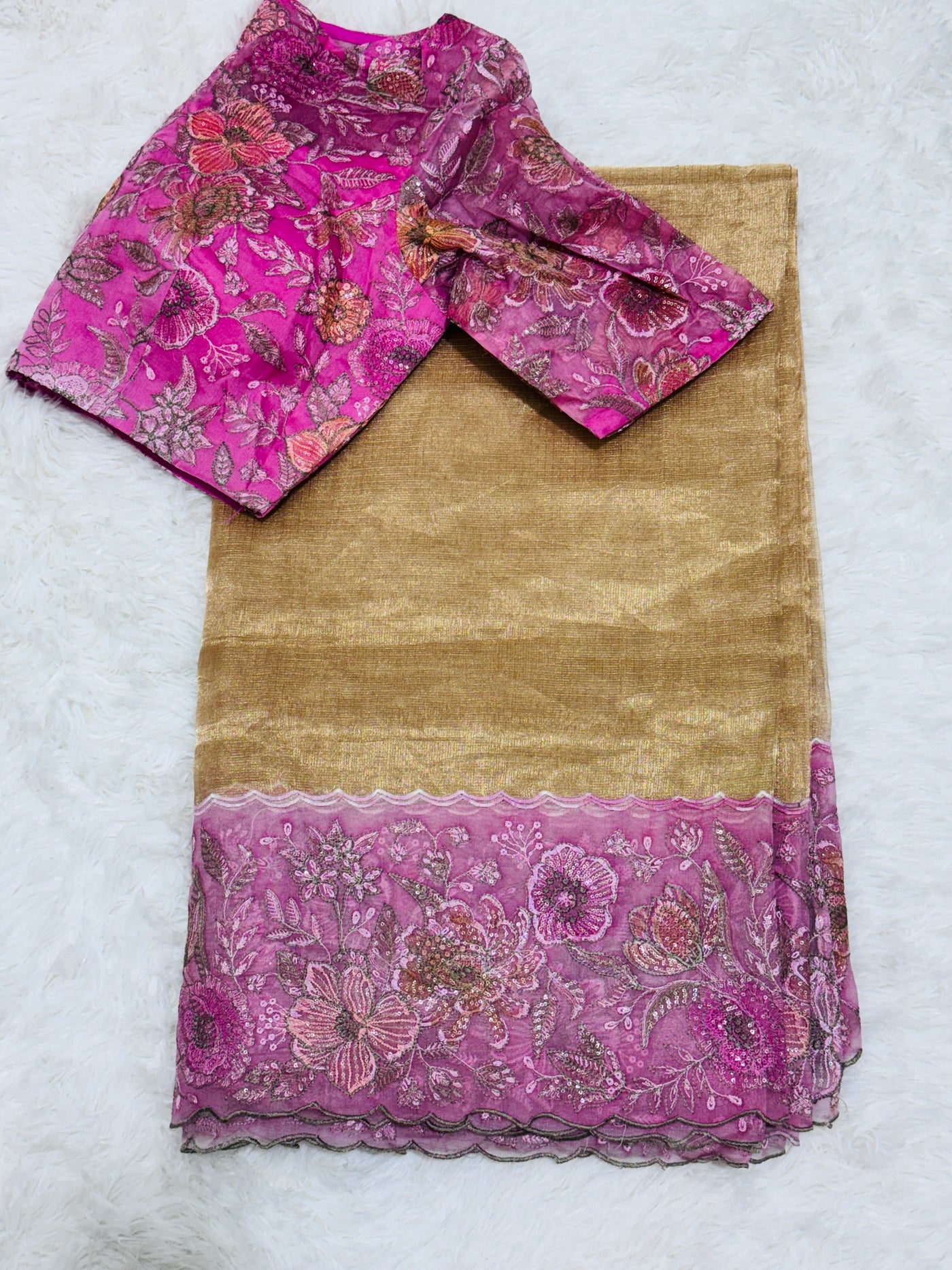 Golden Tissue Saree with Pink Embroidered Net Border & Boat Neck Blouse