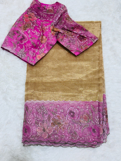 Golden Tissue Saree with Pink Embroidered Net Border & Boat Neck Blouse