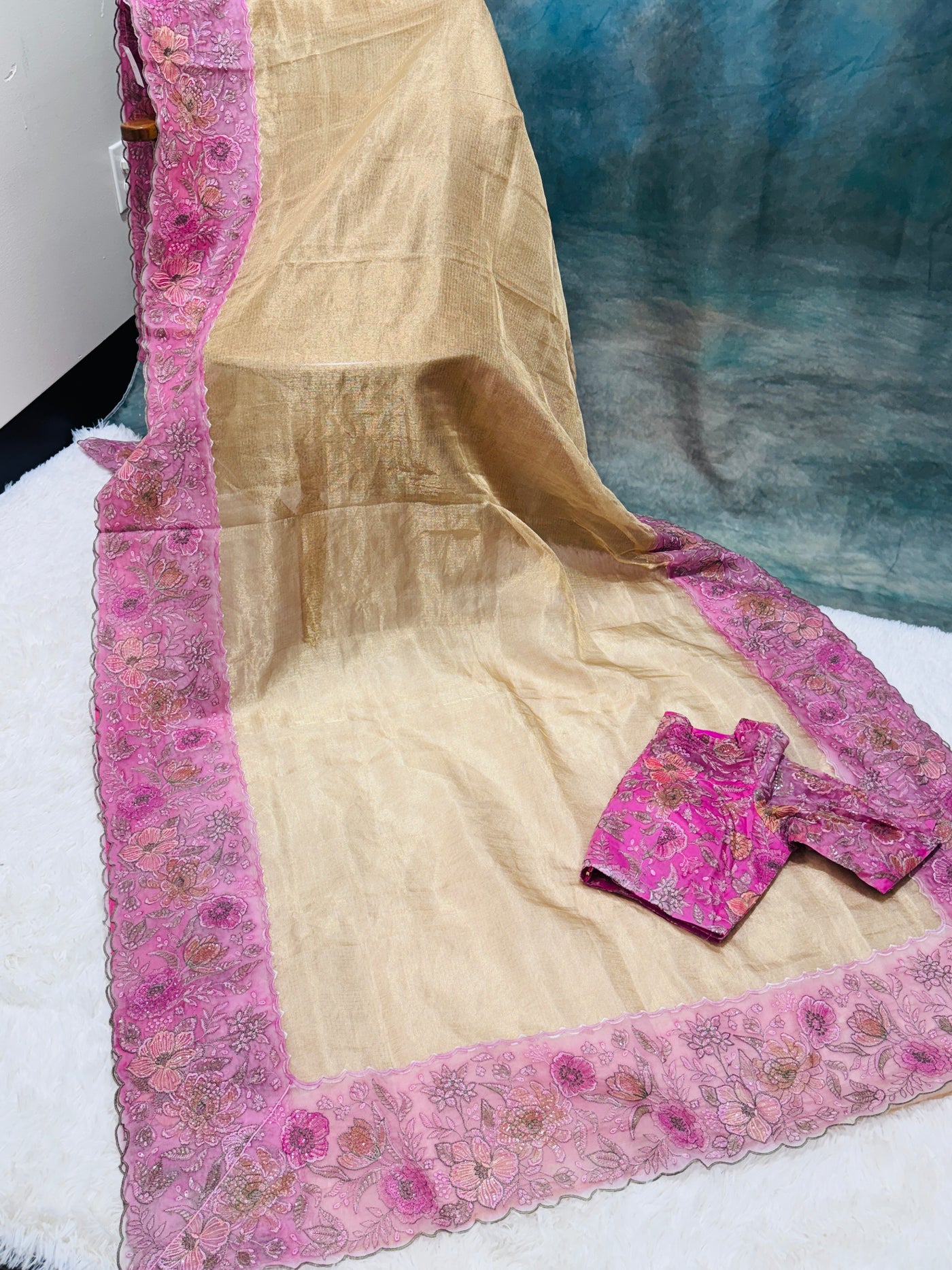 Golden Tissue Saree with Pink Embroidered Net Border & Boat Neck Blouse