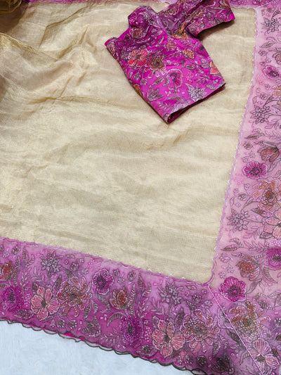 Golden Tissue Saree with Pink Embroidered Net Border & Boat Neck Blouse