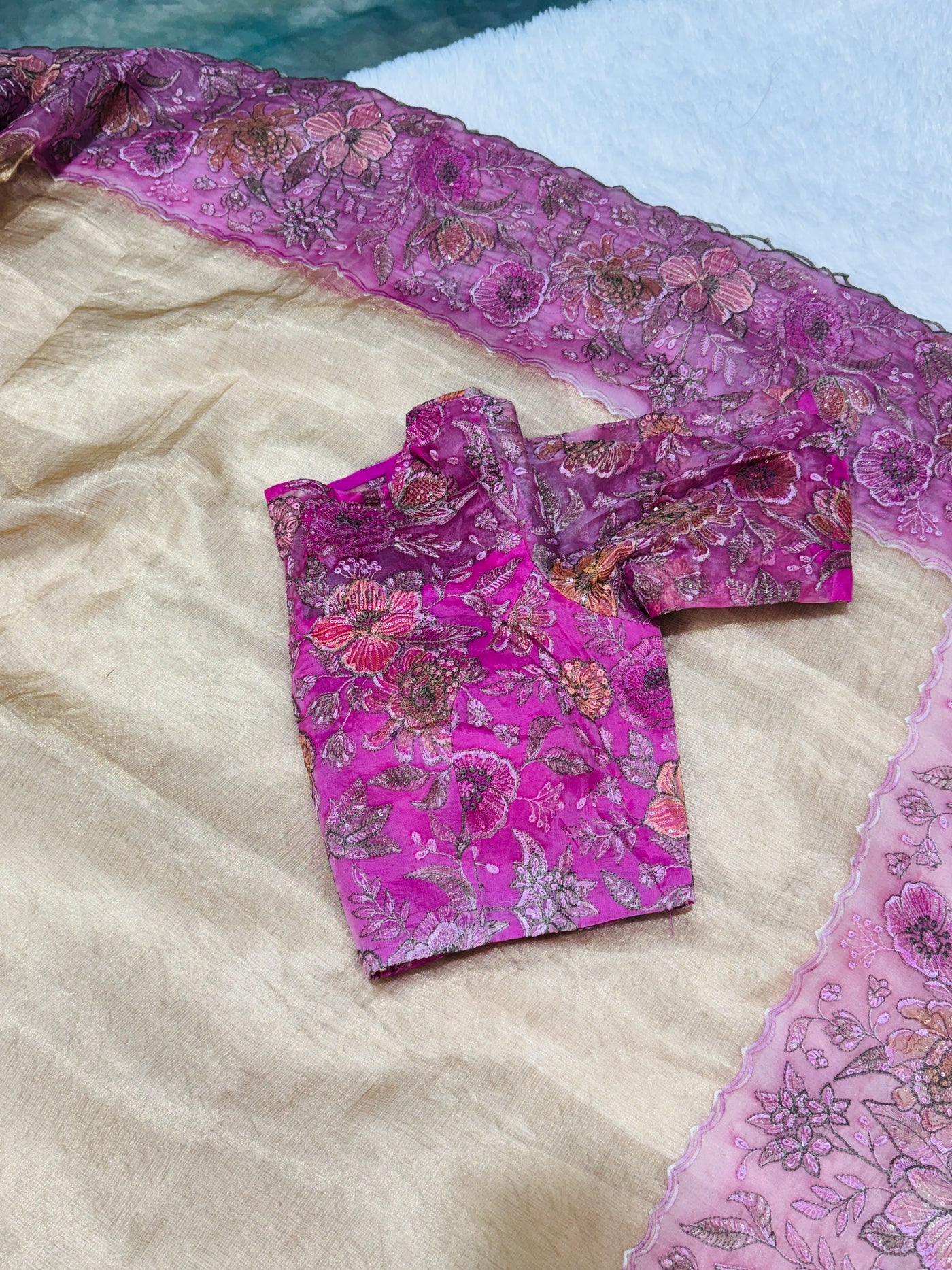 Golden Tissue Saree with Pink Embroidered Net Border & Boat Neck Blouse