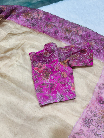 Golden Tissue Saree with Pink Embroidered Net Border & Boat Neck Blouse