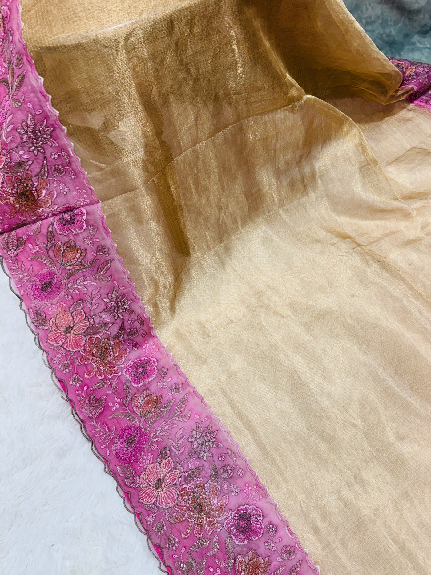Golden Tissue Saree with Pink Embroidered Net Border & Boat Neck Blouse