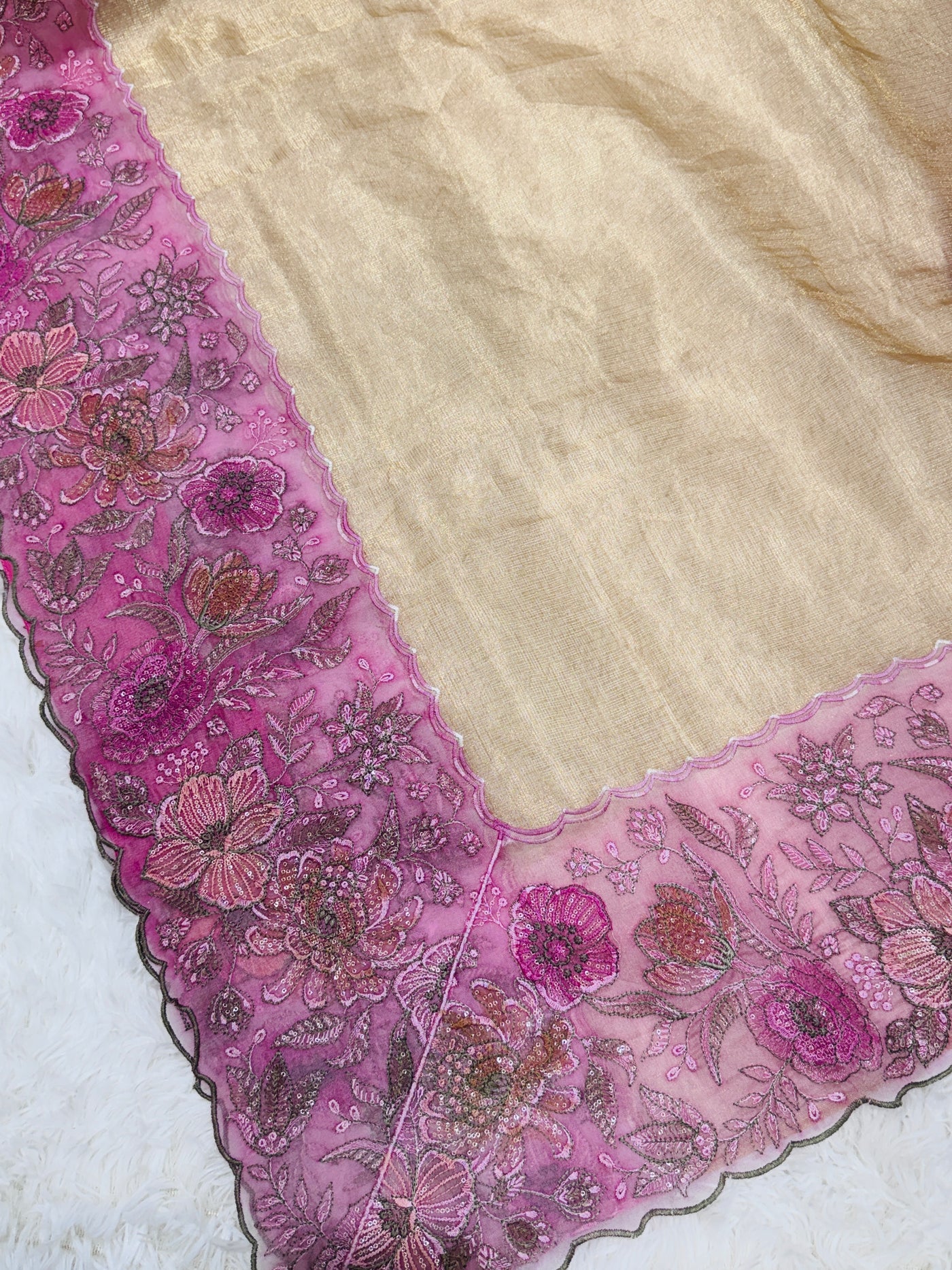 Golden Tissue Saree with Pink Embroidered Net Border & Boat Neck Blouse