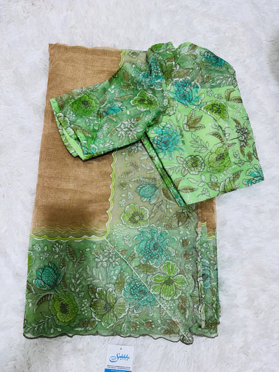 Elegant Green Floral Embroidered Tissue Saree with Matching Blouse