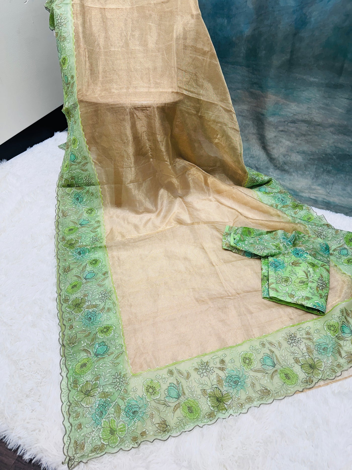 Elegant Green Floral Embroidered Tissue Saree with Matching Blouse