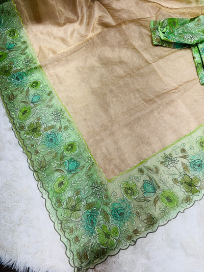 Elegant Green Floral Embroidered Tissue Saree with Matching Blouse