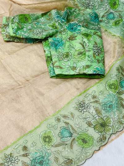 Elegant Green Floral Embroidered Tissue Saree with Matching Blouse
