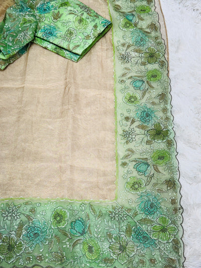 Elegant Green Floral Embroidered Tissue Saree with Matching Blouse