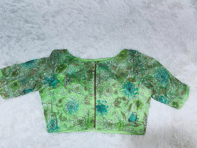 Elegant Green Floral Embroidered Tissue Saree with Matching Blouse