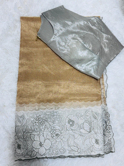 Golden Tissue Saree with Silver Floral Embroidery & High Neck Blouse