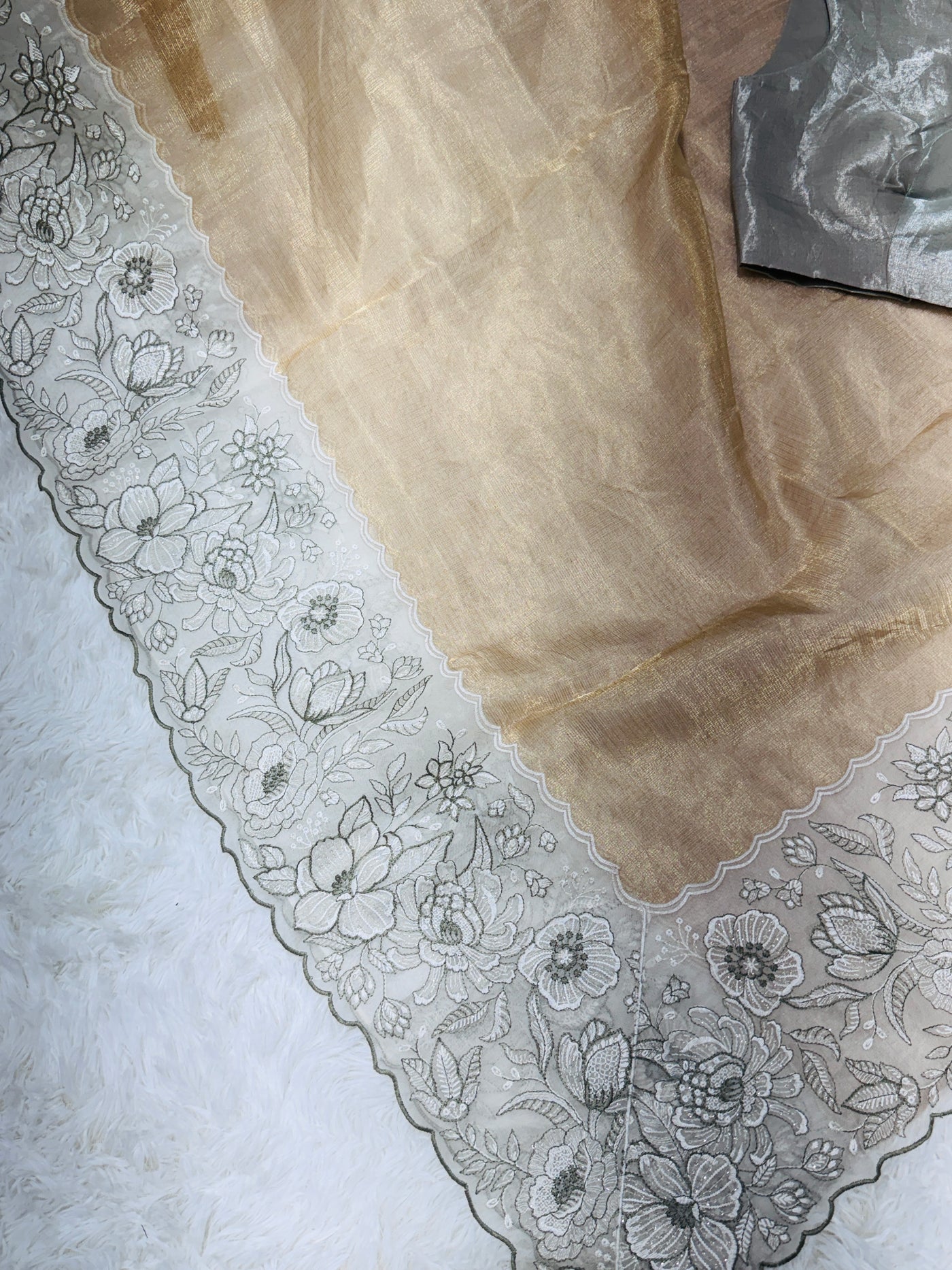 Golden Tissue Saree with Silver Floral Embroidery & High Neck Blouse