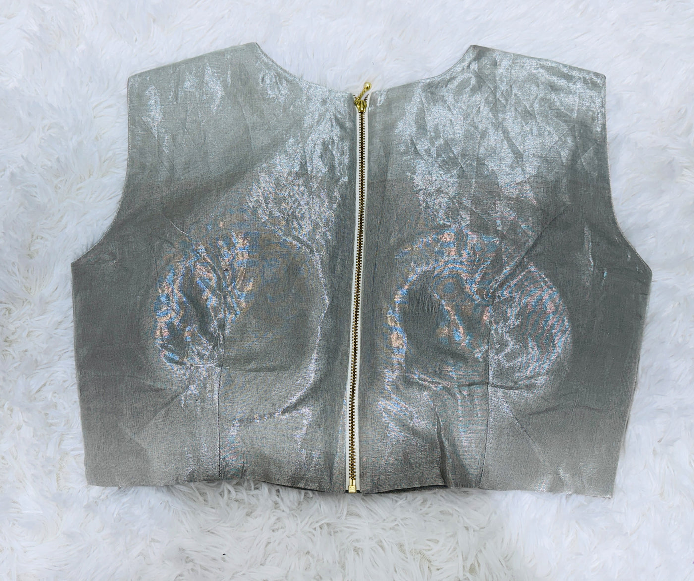 Golden Tissue Saree with Silver Floral Embroidery & High Neck Blouse