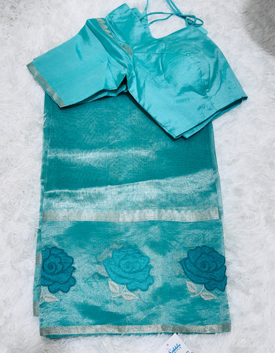 Teal Blue Banarasi Kora Silk Saree with Rose Motif Border & Matching Blouse