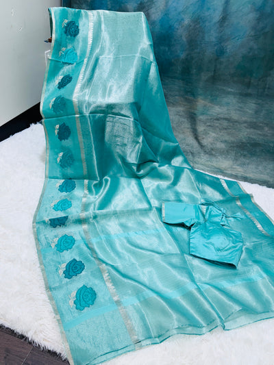 Teal Blue Banarasi Kora Silk Saree with Rose Motif Border & Matching Blouse