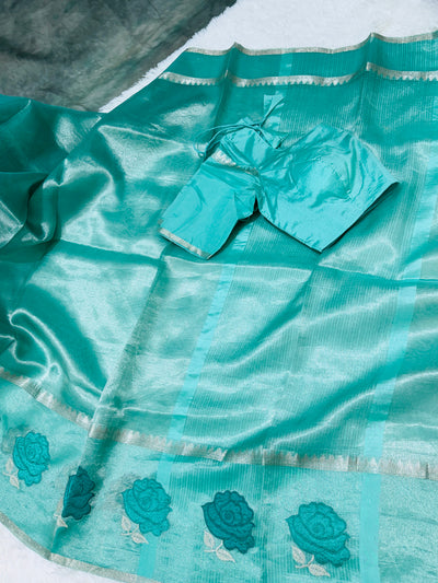 Teal Blue Banarasi Kora Silk Saree with Rose Motif Border & Matching Blouse