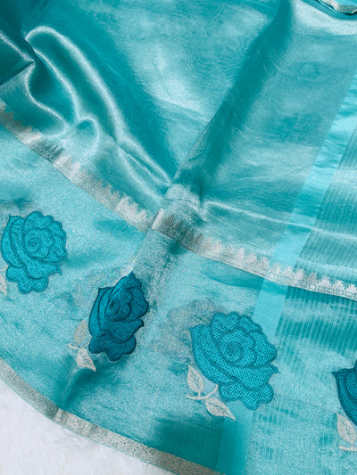 Teal Blue Banarasi Kora Silk Saree with Rose Motif Border & Matching Blouse