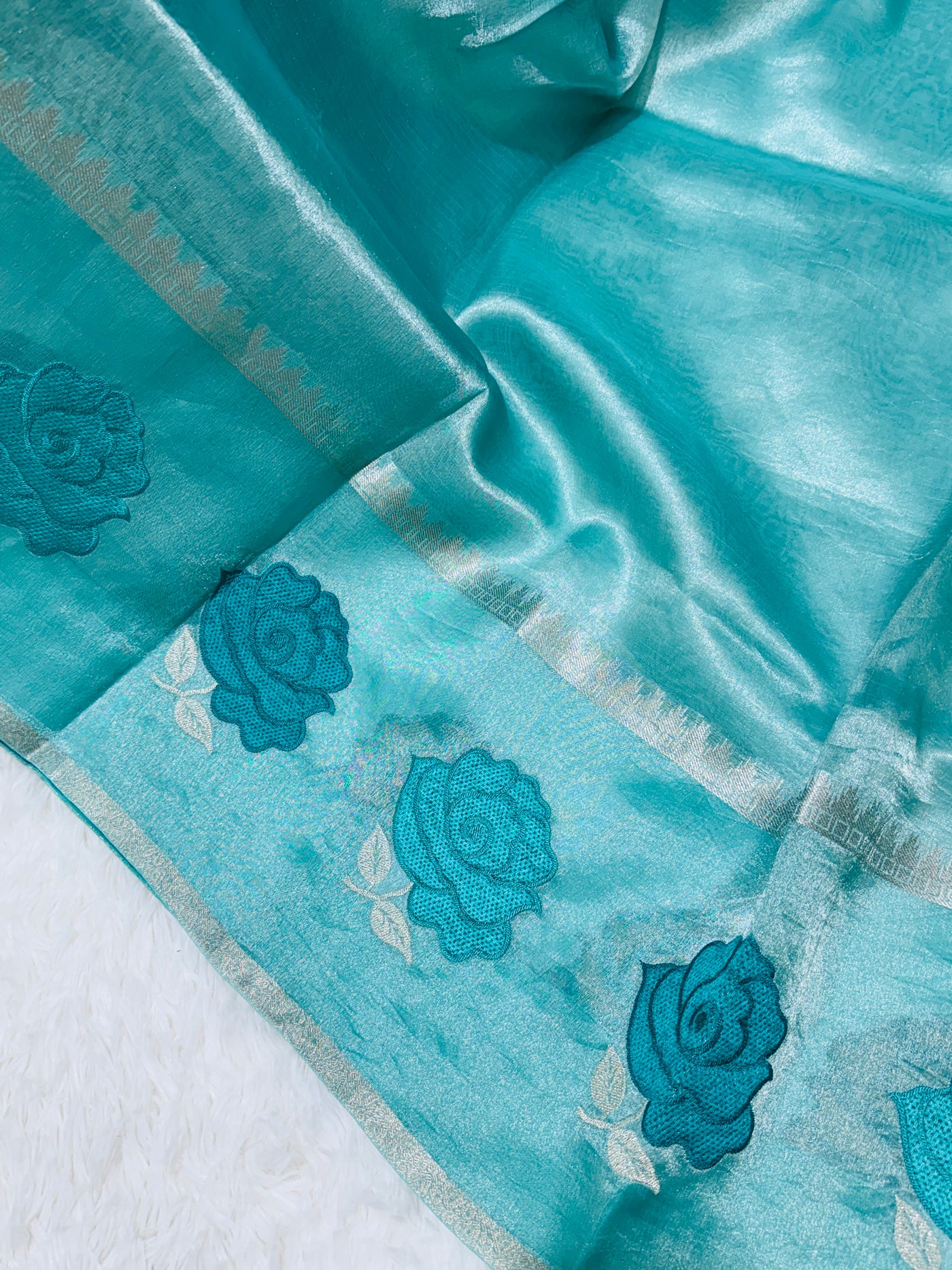 Teal Blue Banarasi Kora Silk Saree with Rose Motif Border & Matching Blouse