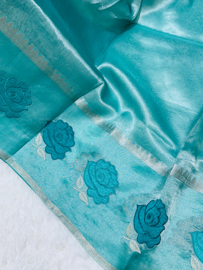 Teal Blue Banarasi Kora Silk Saree with Rose Motif Border & Matching Blouse