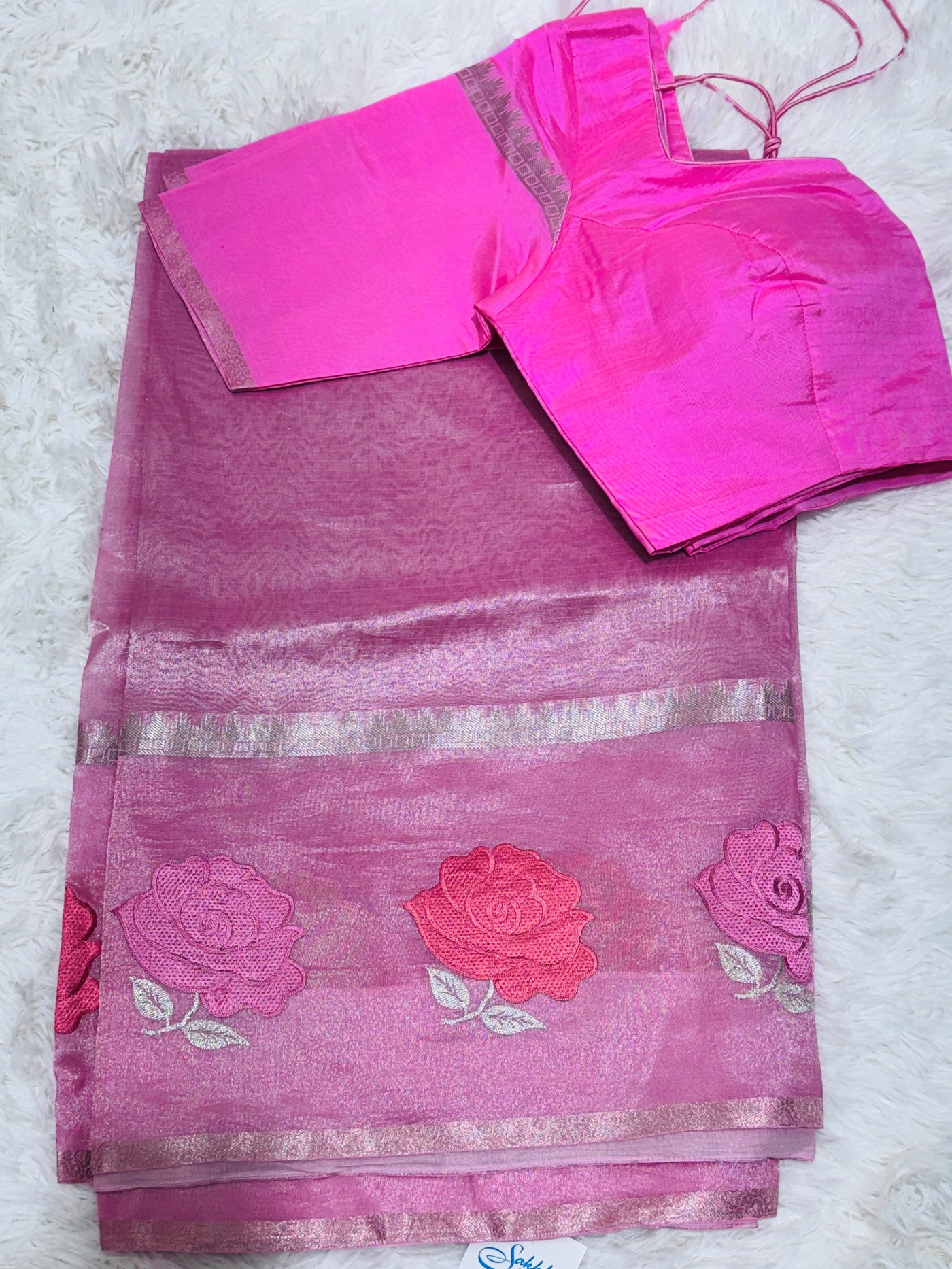 Pink Banarasi Kora Silk Saree with Rose Motif & Silver Border