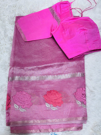 Pink Banarasi Kora Silk Saree with Rose Motif & Silver Border