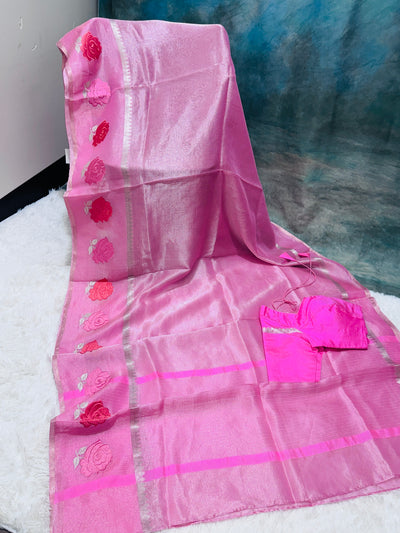 Pink Banarasi Kora Silk Saree with Rose Motif & Silver Border