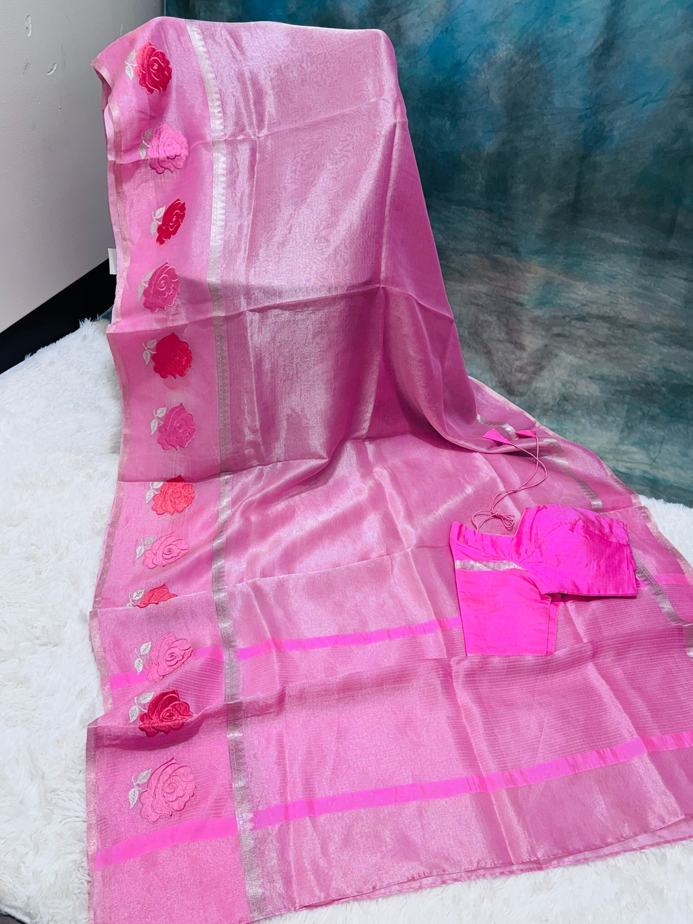 Pink Banarasi Kora Silk Saree with Rose Motif & Silver Border
