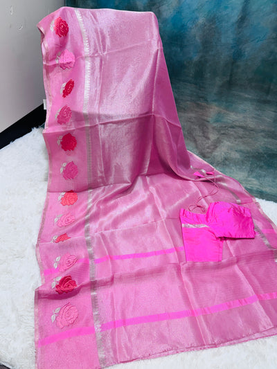 Pink Banarasi Kora Silk Saree with Rose Motif & Silver Border