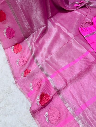 Pink Banarasi Kora Silk Saree with Rose Motif & Silver Border