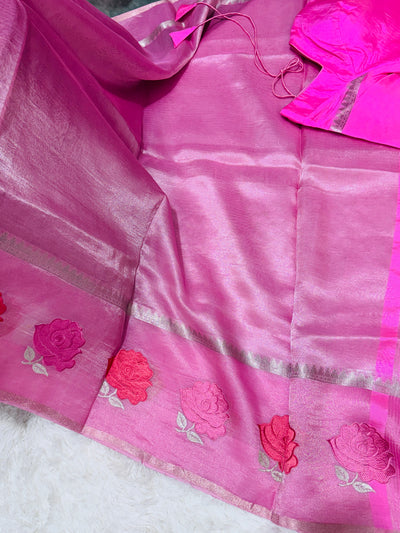 Pink Banarasi Kora Silk Saree with Rose Motif & Silver Border
